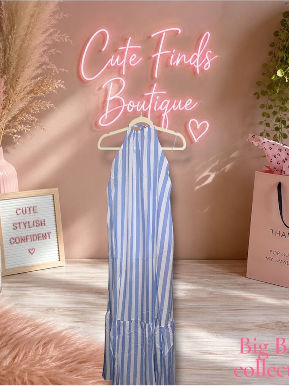 Blue and White Striped Halter Maxi Dress